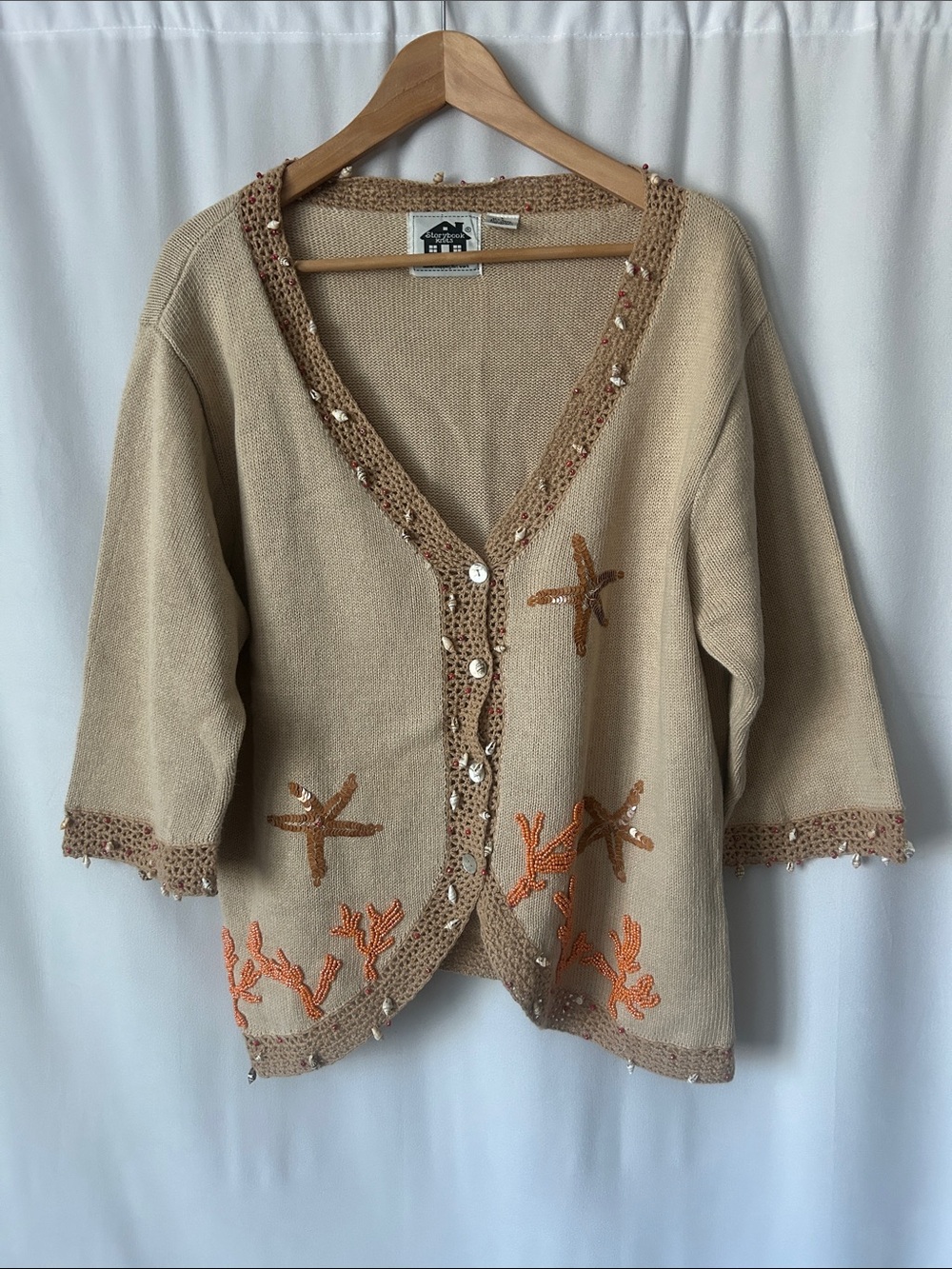 Storybook Knits Beige/Tan 3/4 Sleeve Button Front Cardigan Sweater **Size L**🪸🪸
